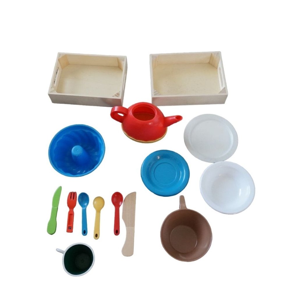 Kitchen Toy Play Lot Plates Spoons Knife Wood Tray Teapot Cups Plastic